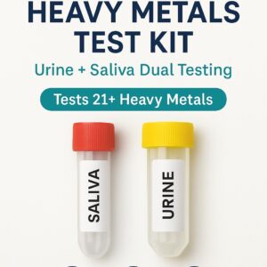 Lab-certified heavy metals test kit with urine and saliva sample tubes, tests for lead, mercury, and arsenic.