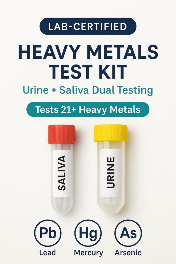 Lab-certified heavy metals test kit with urine and saliva sample tubes, tests for lead, mercury, and arsenic.