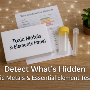 Heavy metals and essential elements test kit with dual saliva and urine sampling containers, sample report, and clean modern layout