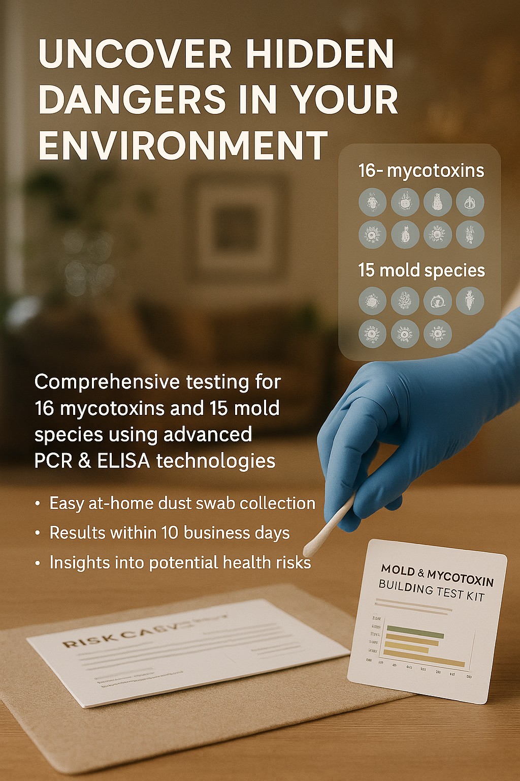 Gloved hand collecting a dust sample in a modern home to test for mold and mycotoxins, with floating spores and icons representing 16 mycotoxins and 15 mold species.