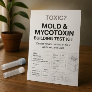At-home mold and mycotoxin building test kit on wood surface with sample tubes and lab report, highlighting environmental toxin exposure.