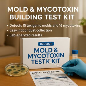 Indoor mold and mycotoxin building test kit on a table with Petri dish, lab report, and gloved hand holding a dust swab, used for detecting environmental mold toxins at home.