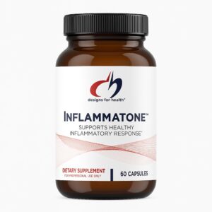 Inflammatone supplement by Designs for Health, shown in a dark amber bottle with a clean white label, formulated to support healthy inflammation response.