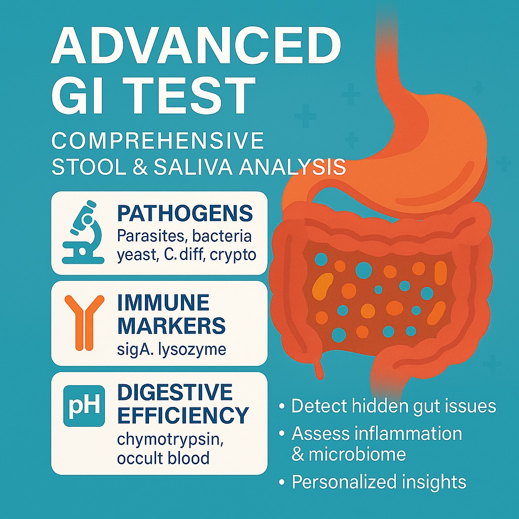 Comprehensive GI test infographic with gut illustration, featuring pathogen detection (parasites, bacteria, yeast, C. diff, crypto), immune markers (sigA, lysozyme), and digestive efficiency (chymotrypsin, occult blood) for personalized digestive health insights.