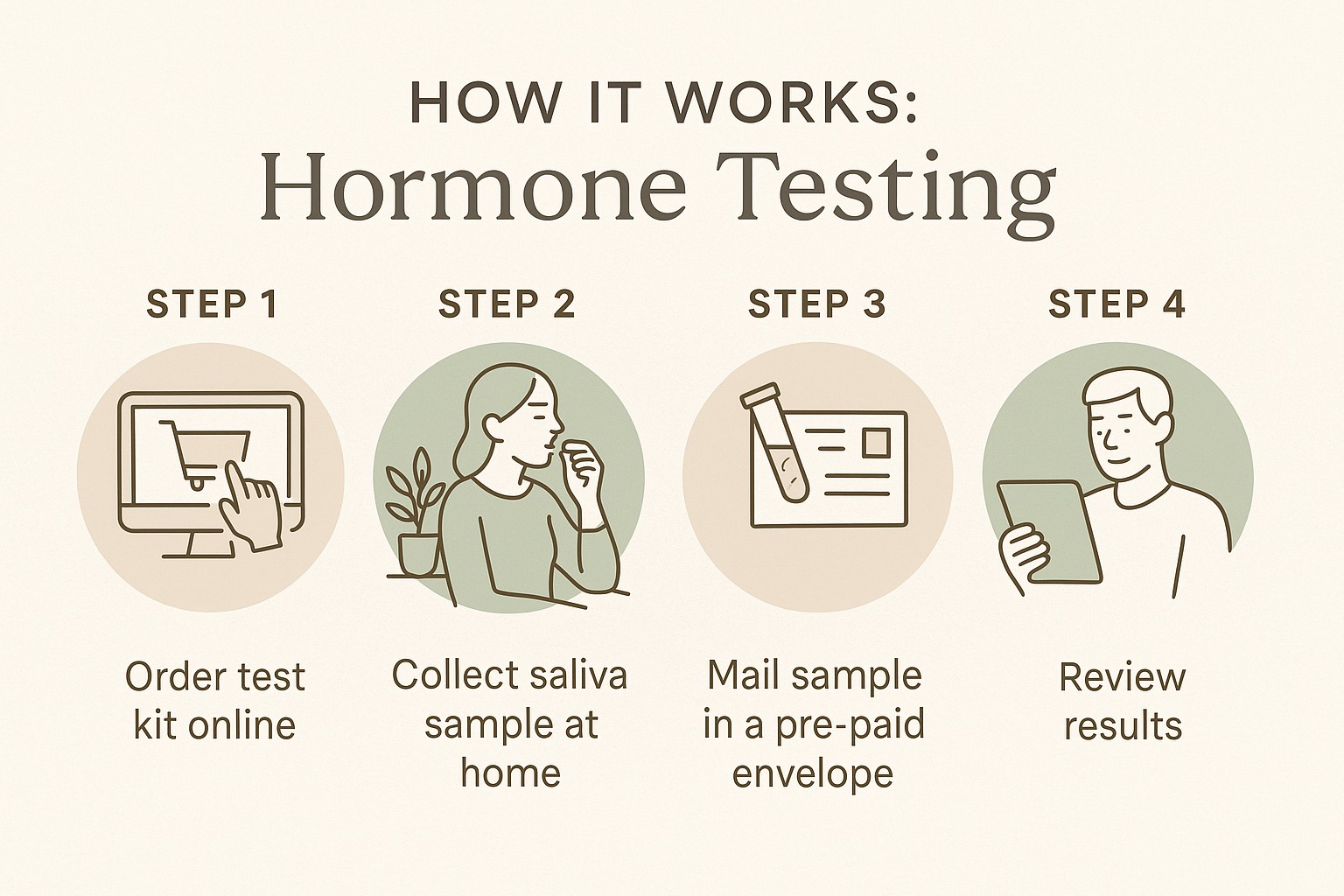 Step-by-step graphic showing the process of ordering a hormone test, collecting saliva, mailing sample, and reviewing results