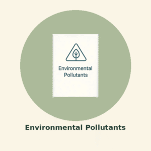 Warning triangle with leaf icon labeled "Environmental Pollutants" to represent toxin exposure testing