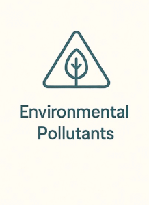Line icon of a leaf and hazard symbol representing exposure to environmental toxins like phthalates, parabens, and VOCs