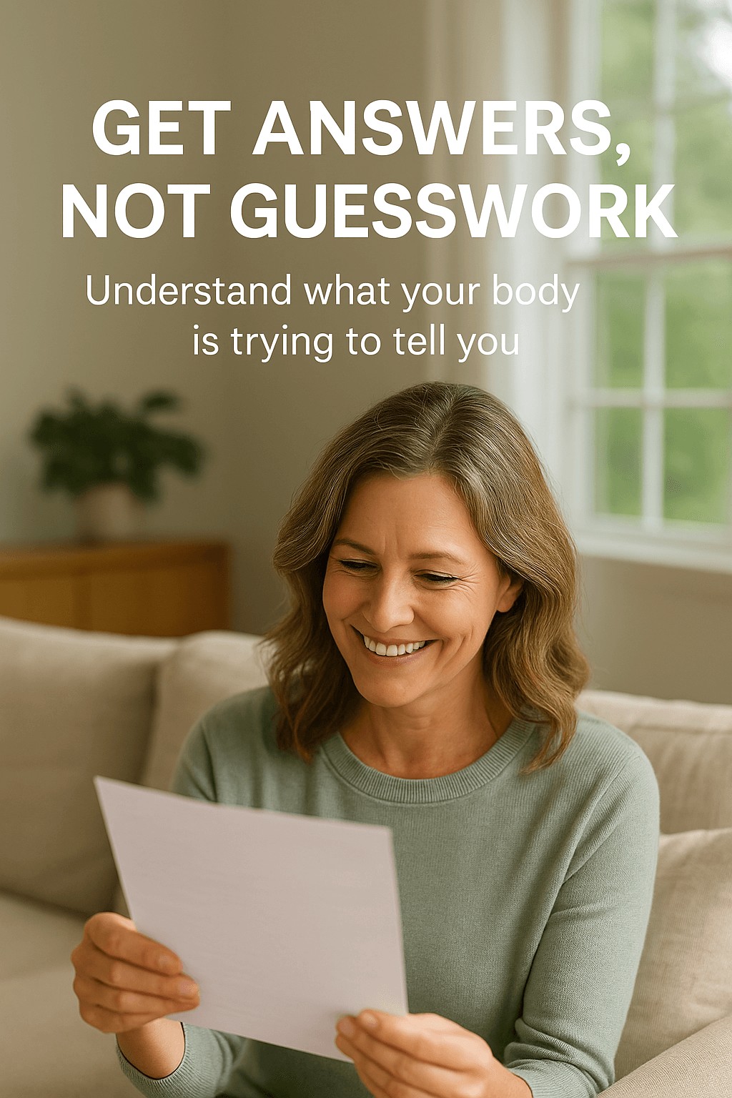 Smiling woman reading lab results in a cozy living room, symbolizing clarity and relief from at-home functional lab testing