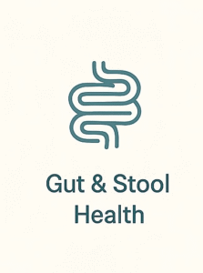 Outlined gut and microbiome icon representing functional medicine stool testing for digestion, inflammation, and dysbiosis