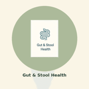 Stylized intestine icon labeled "Gut & Stool Health" on a neutral background