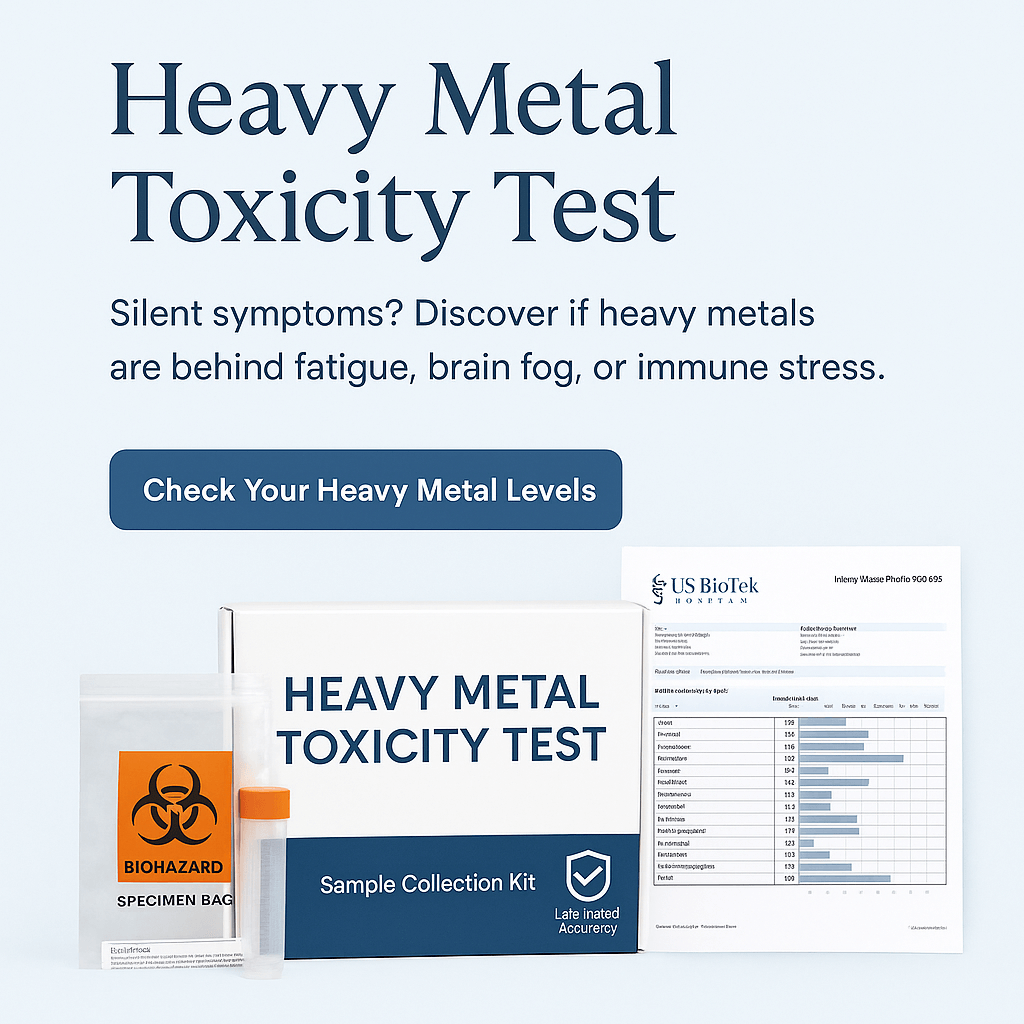 Heavy Metal Toxicity Test kit with sample collection tools, report, and call to action to check for heavy metals linked to fatigue, brain fog, and immune issues.