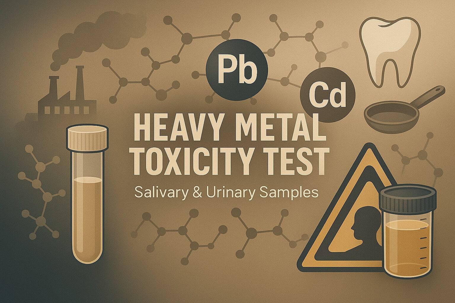 Flat-style digital hero image showing heavy metal toxicity testing through saliva and urine samples, featuring lead and cadmium icons, a test tube, sample container, and health warning symbol on a vintage beige and gray background.