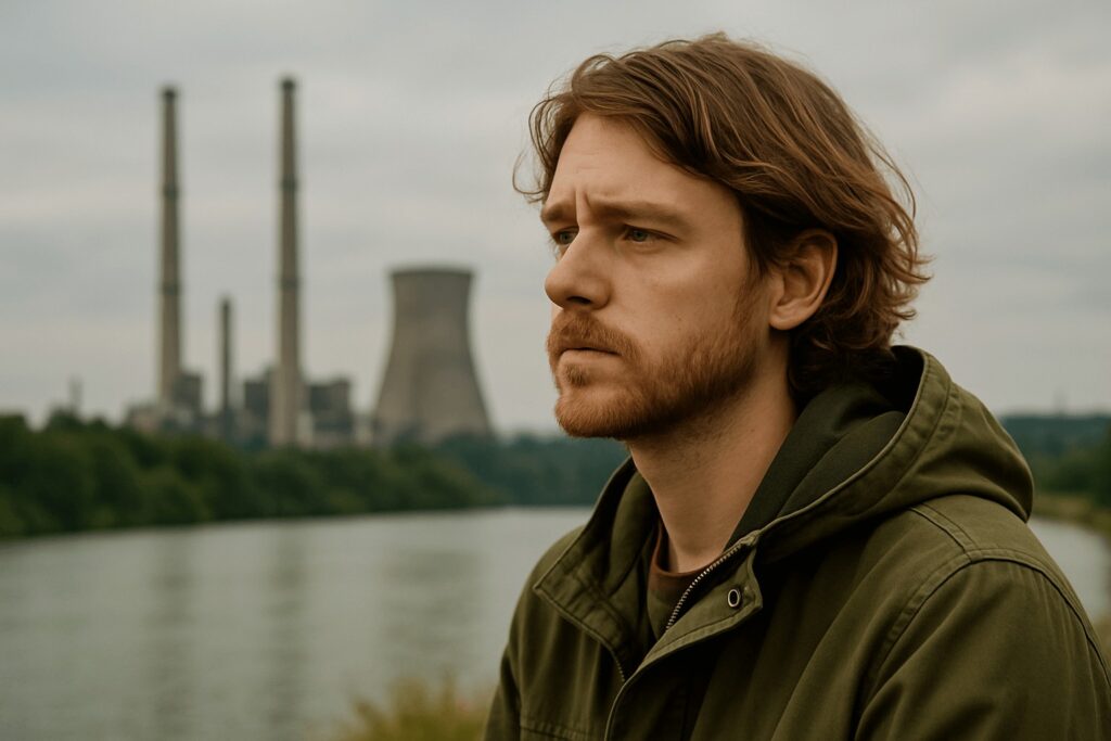 Man standing near industrial smokestacks looking pensive, reflecting concern about environmental toxin exposure