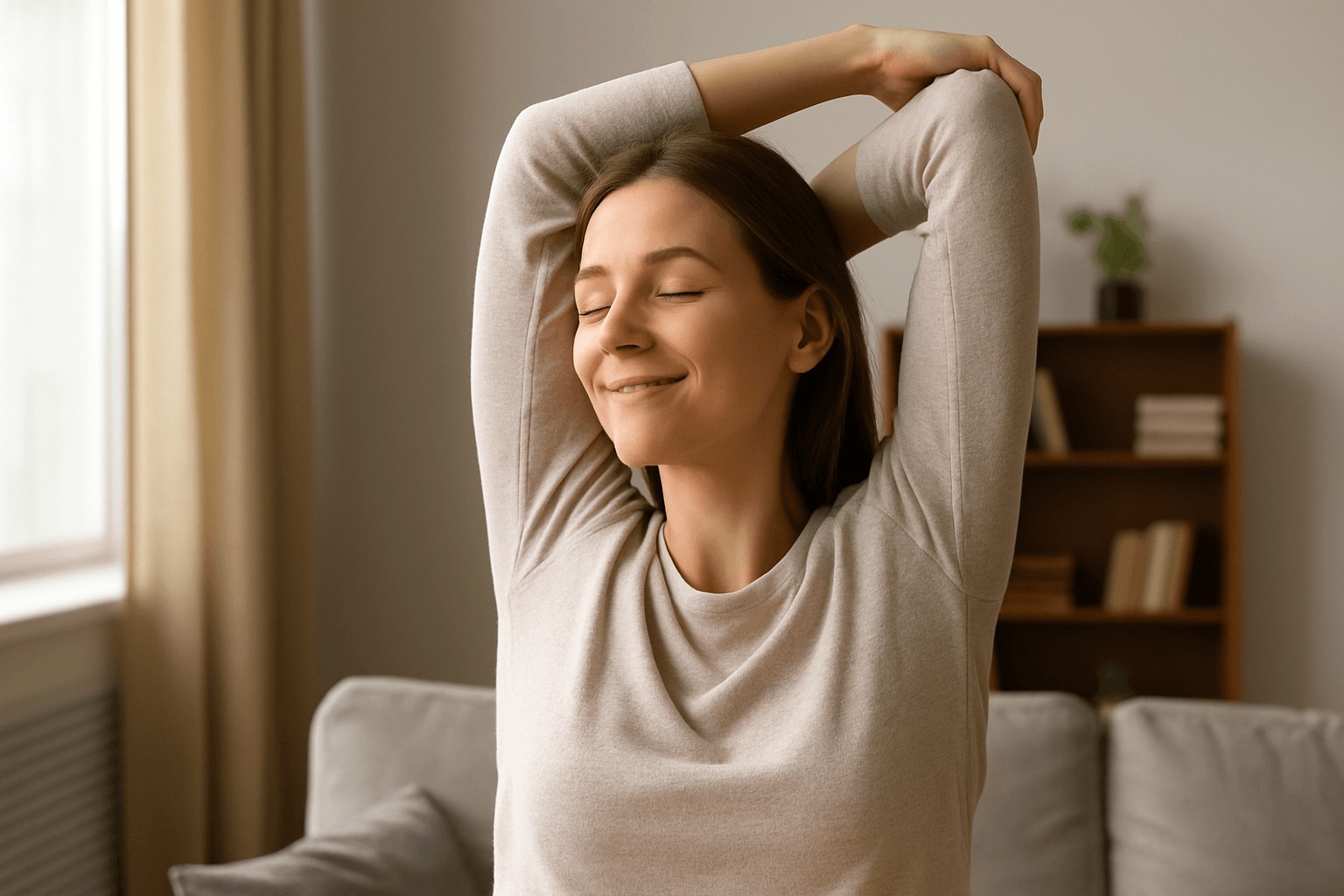 Woman peacefully stretching in morning light, symbolizing hormonal balance, energy, and well-being