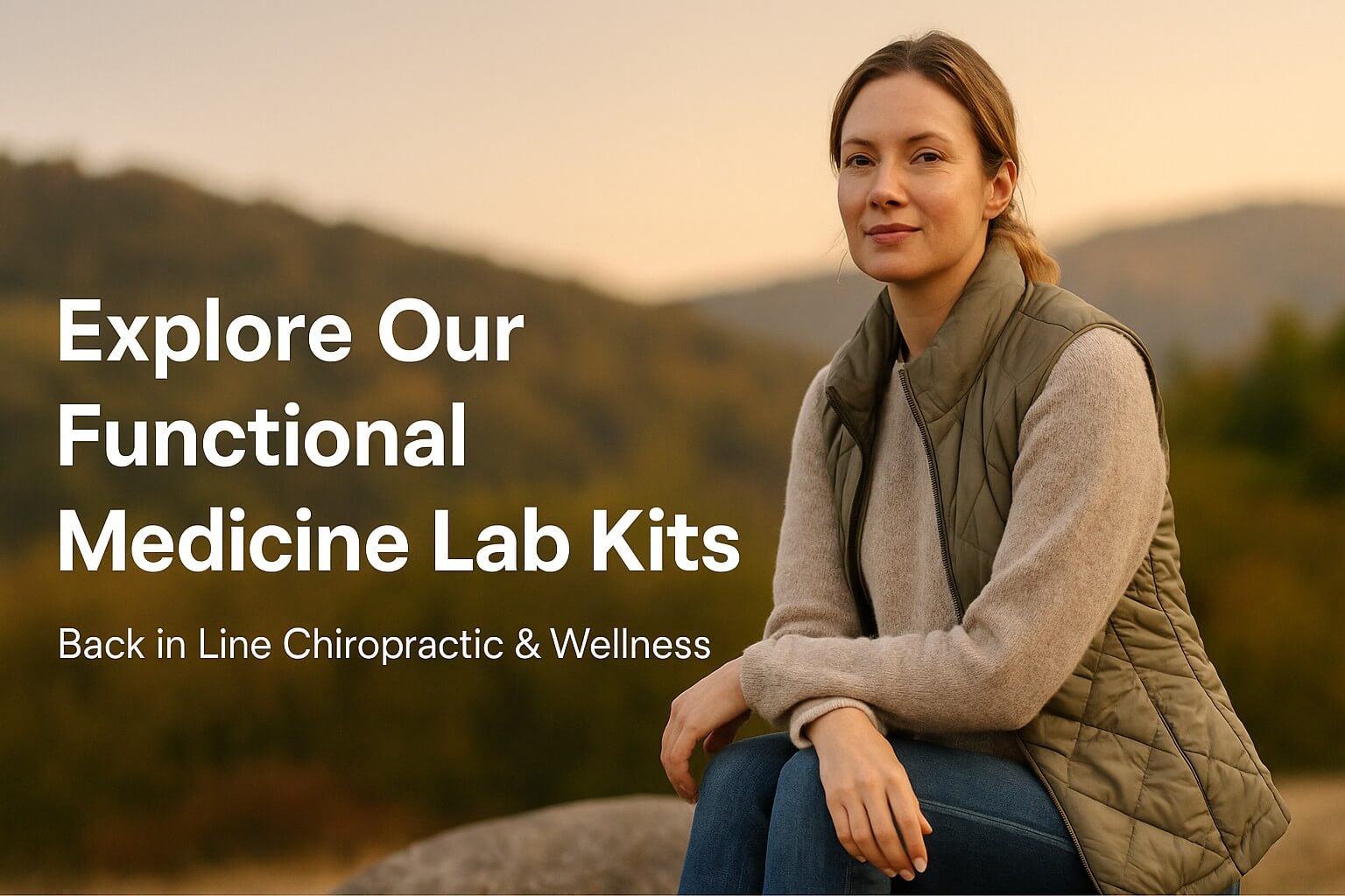 Woman outdoors with soft smile holding seated pose next to headline promoting functional medicine lab test kits from Back in Line Chiropractic & Wellness