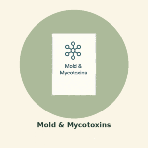 Molecule-style diagram icon labeled "Mold & Mycotoxins" symbolizing environmental mold exposure testing