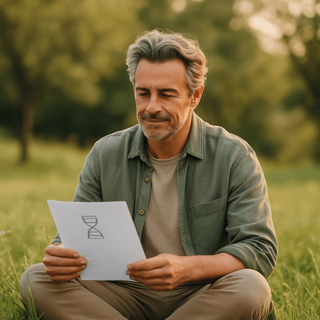 Middle-aged man calmly reviewing DNA test results while seated in a peaceful green meadow