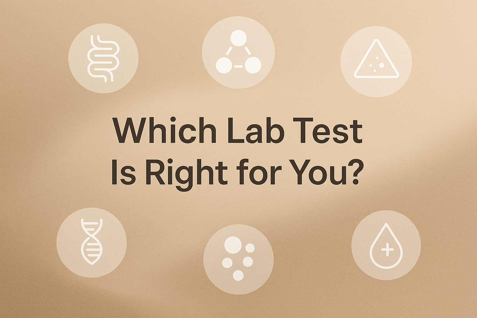 Blog hero graphic displaying the question “Which Lab Test Is Right for You?” surrounded by six white icons representing different functional lab test categories.