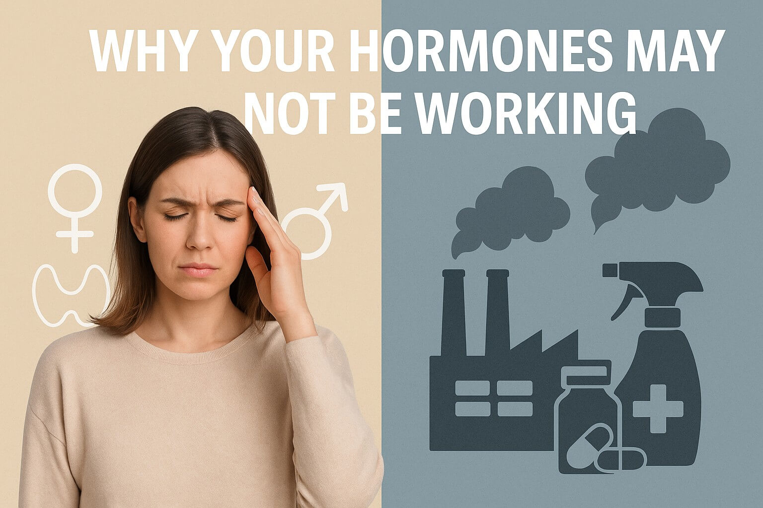 Frustrated woman with hormone icons next to factory and chemical graphics – representing hormone disruption
