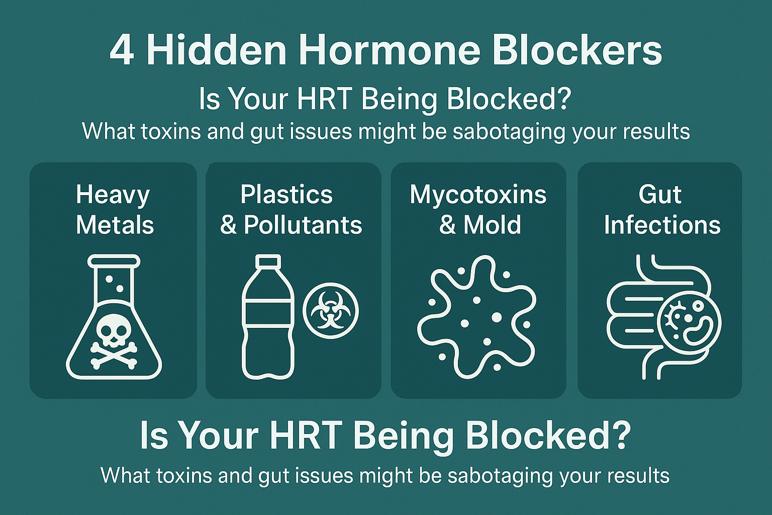 Infographic showing 4 hidden HRT blockers: heavy metals, plastics, mold, and gut infections