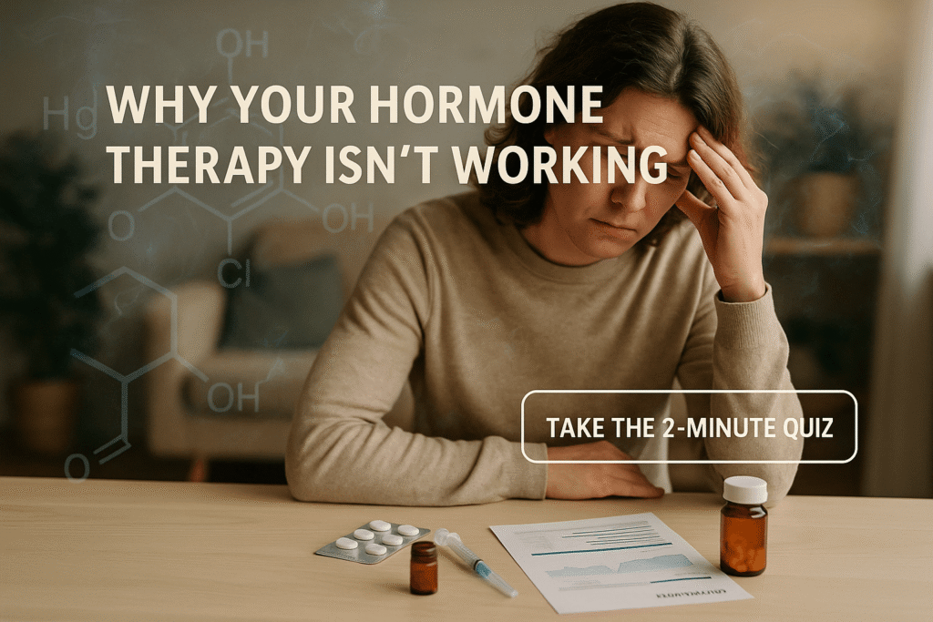 Woman looking fatigued with supplements and lab report – hormone therapy not working visual