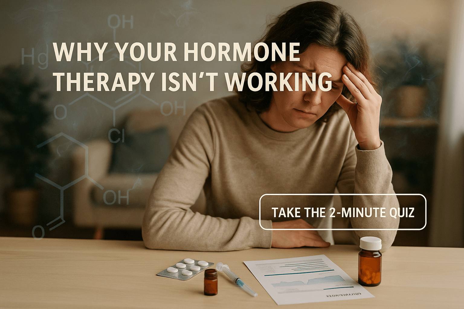 Woman looking fatigued with supplements and lab report – hormone therapy not working visual