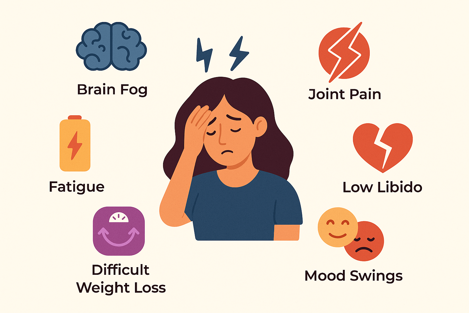 Illustration showing common symptoms of hormone imbalance, including brain fog, difficult weight loss, mood swings, low libido, fatigue, and joint pain.
