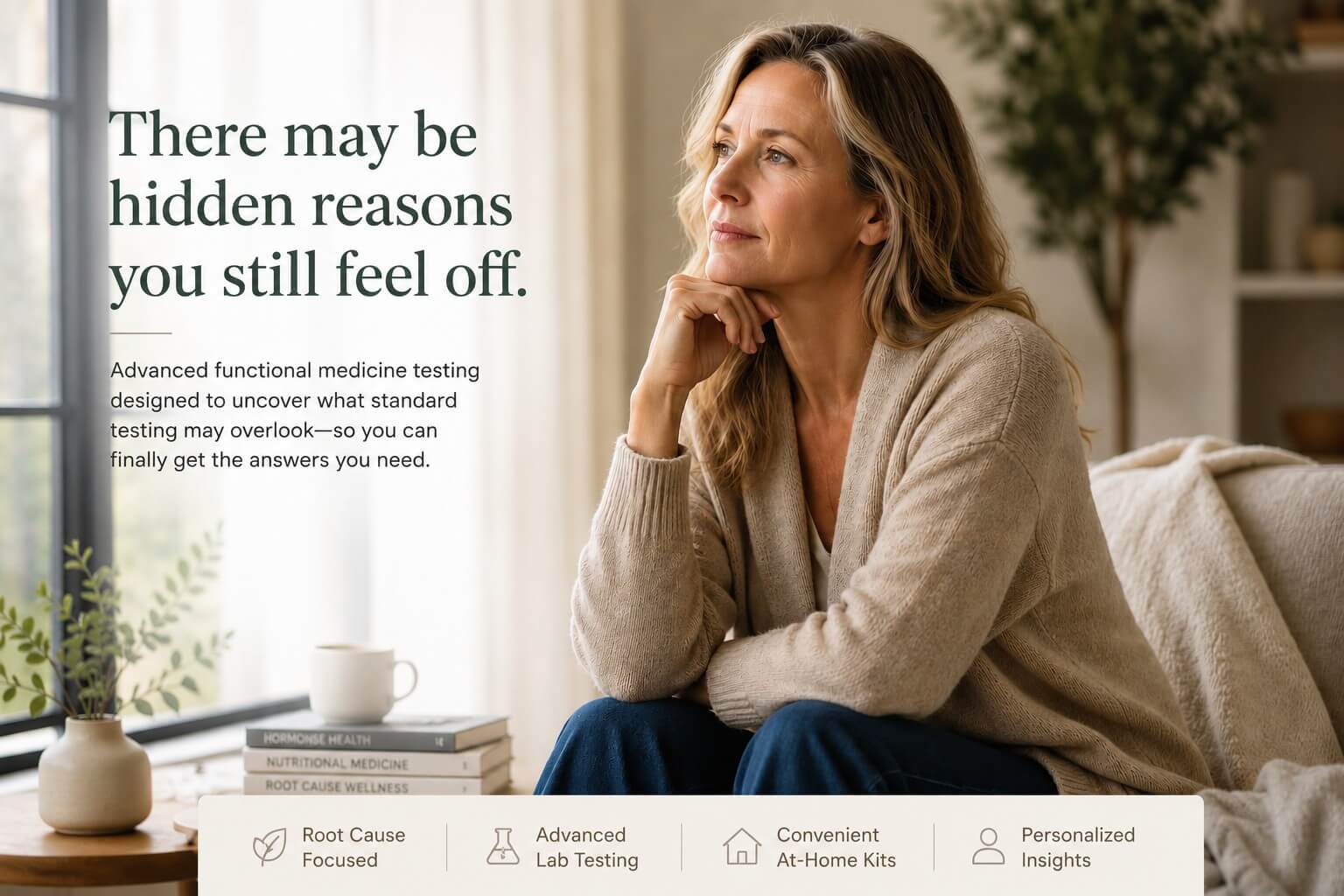 Woman reflecting near a window representing root cause functional medicine and advanced lab testing for hormones, toxins, gut health, and chronic symptoms
