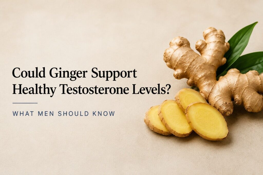 Fresh ginger root illustrating an article about whether ginger may support healthy testosterone levels in men.