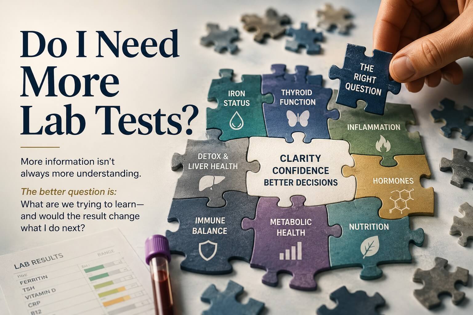 Puzzle pieces representing different aspects of health, illustrating how the right laboratory test can help answer a specific health question rather than simply collecting more information.