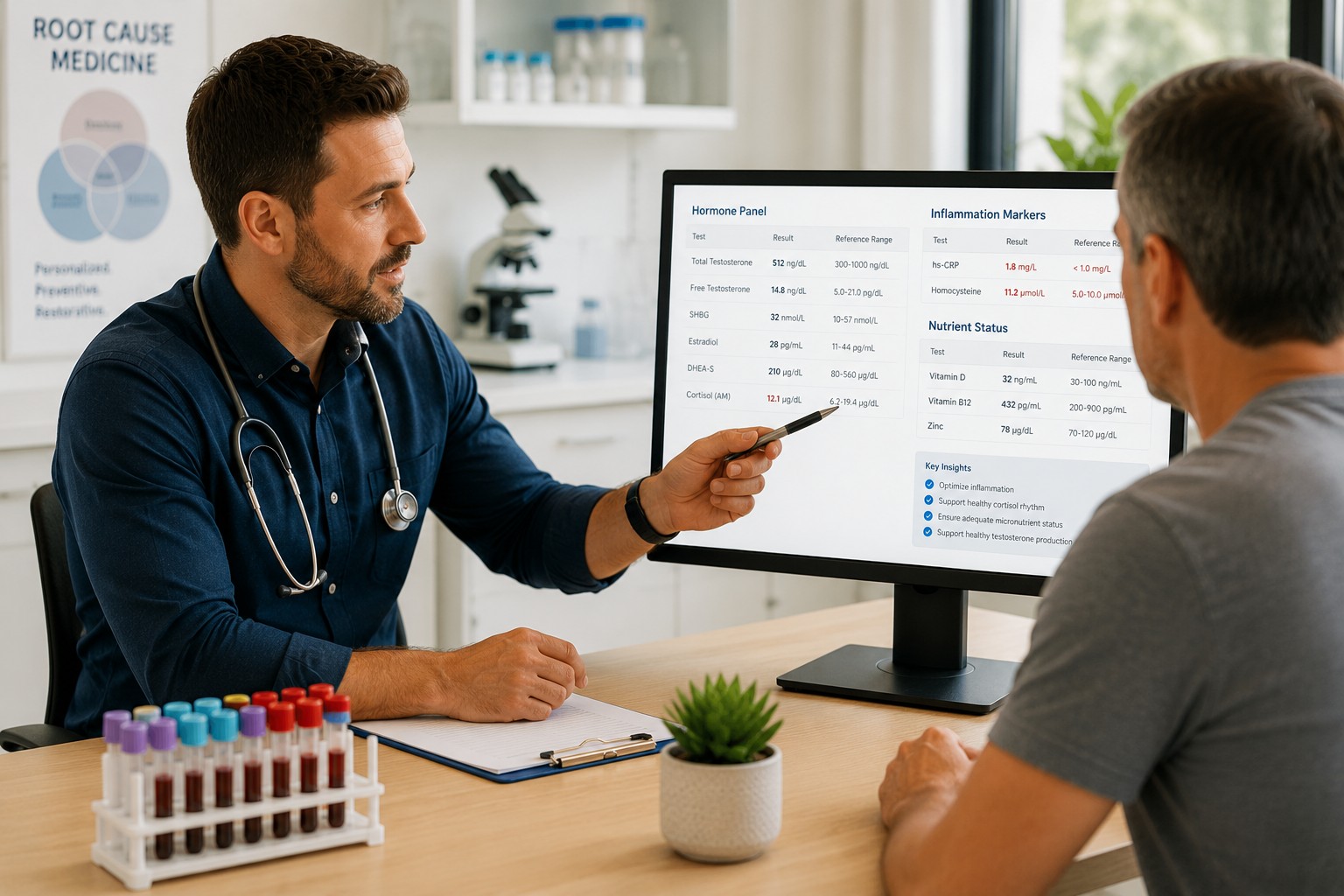 Functional medicine practitioner reviewing advanced laboratory results with a patient during a personalized health consultation.