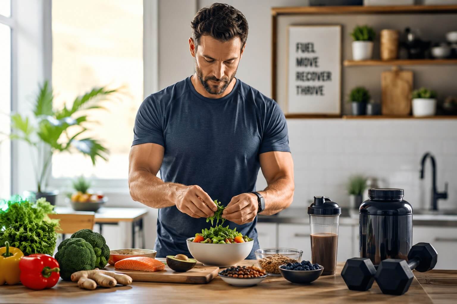 Man preparing a healthy meal with whole foods to support overall health and healthy testosterone production.