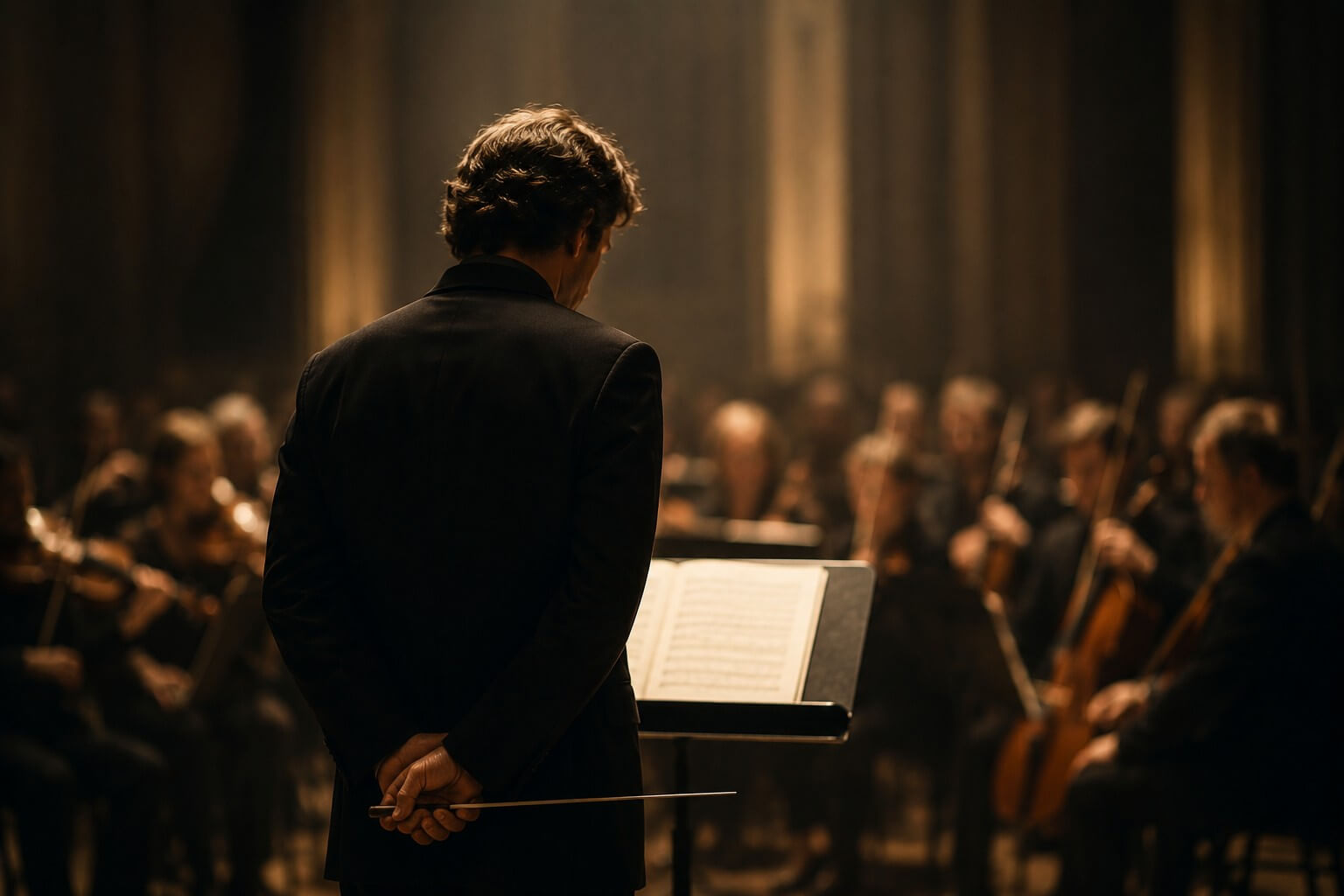 Orchestra conductor standing quietly before a performance while musicians prepare in a softly lit concert hall.