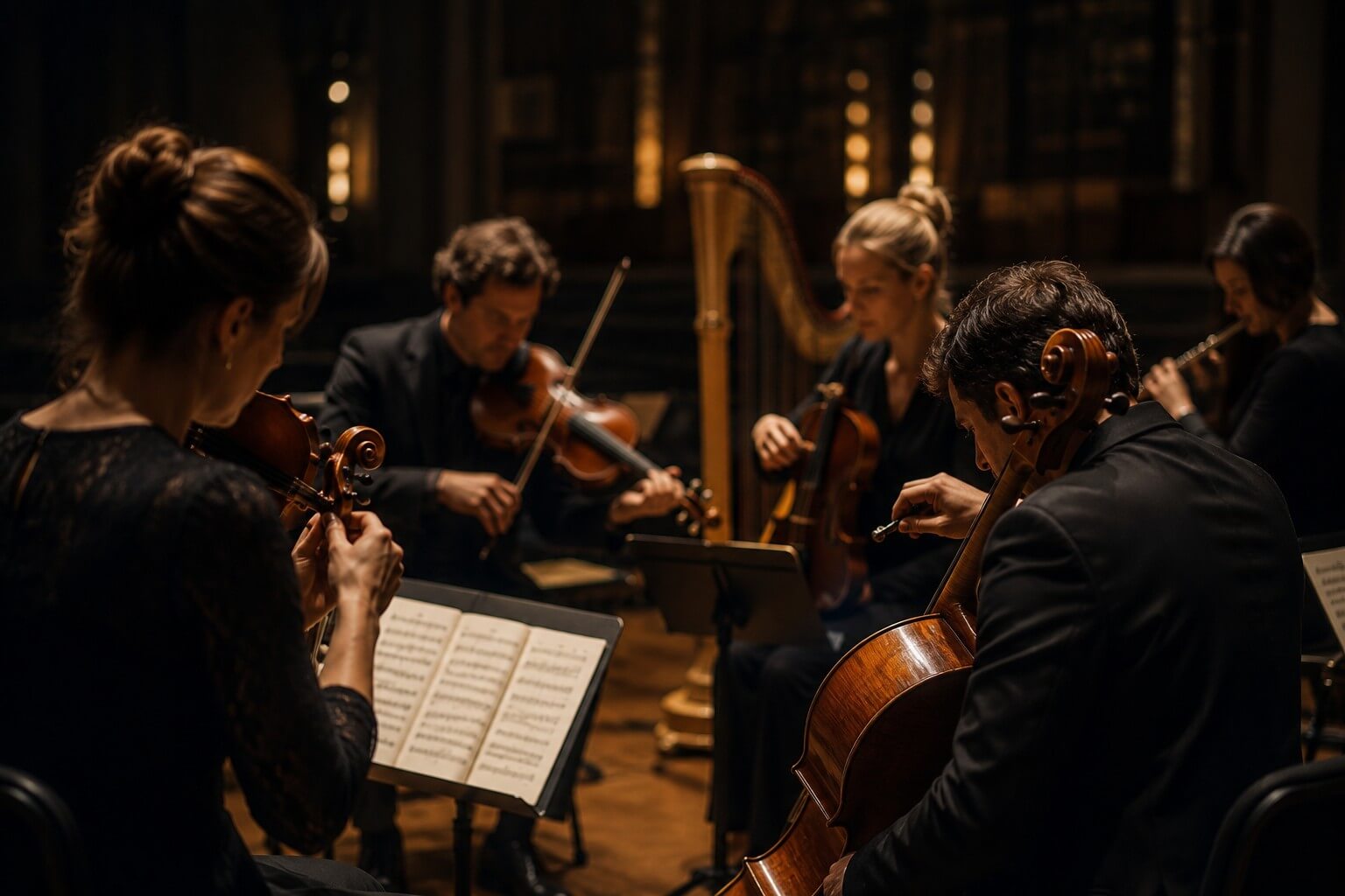 Orchestra musicians tuning their instruments together before a performance in a softly lit concert hall.