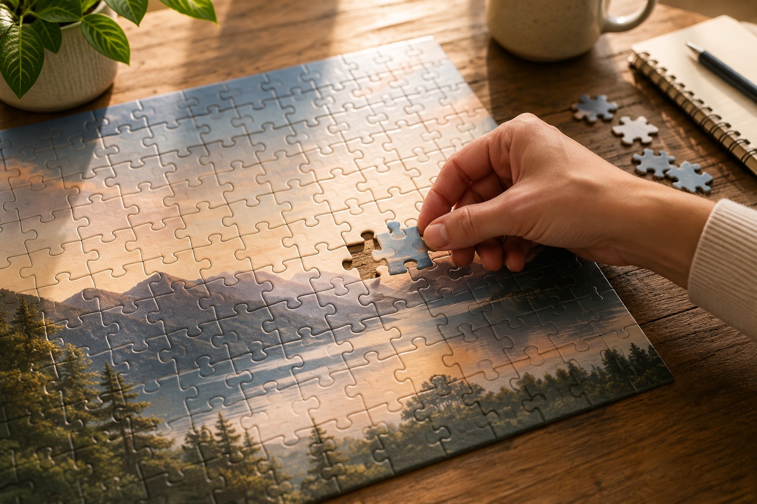 A nearly completed puzzle with a hand placing a connecting piece, illustrating how the right laboratory test helps bring a person's health picture into clearer focus.