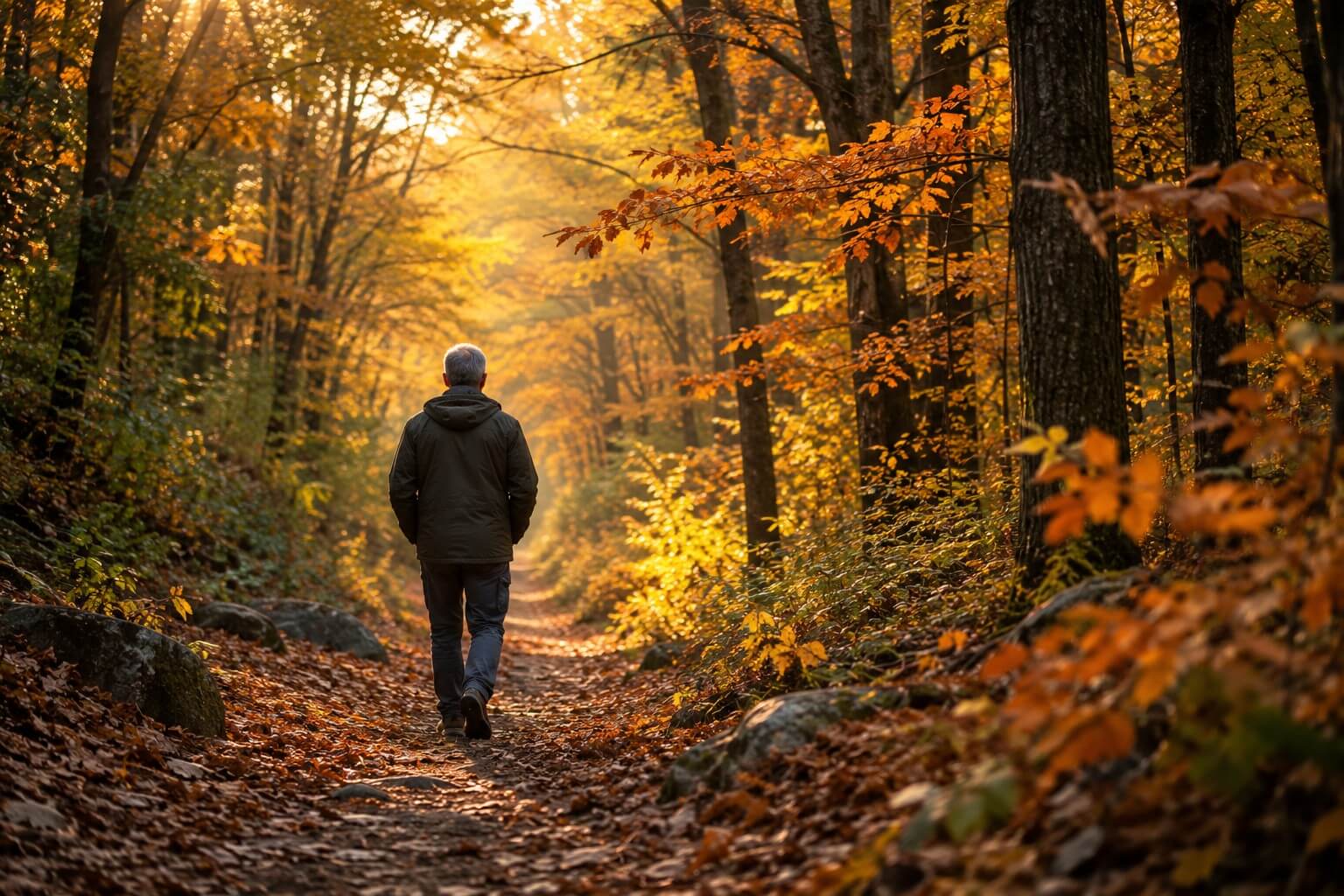 A person walking alone on a wooded trail surrounded by colorful autumn trees with warm sunlight filtering through the forest.