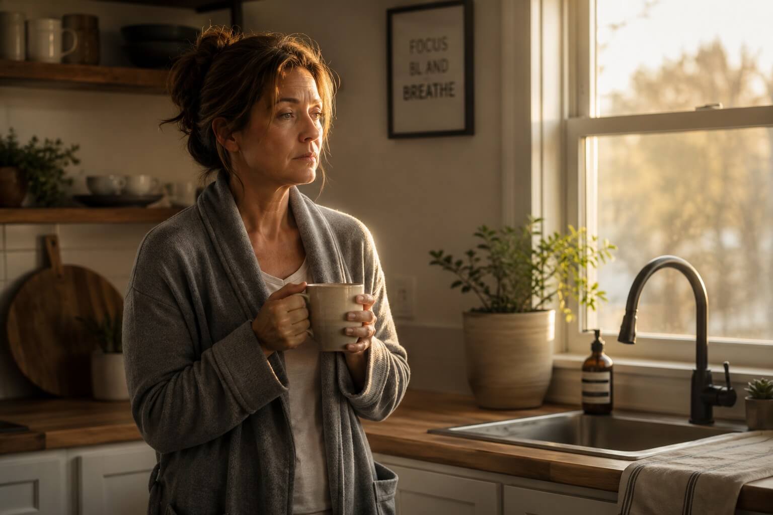 Middle-aged woman standing quietly in a sunlit kitchen holding a coffee mug while looking thoughtfully out the window early in the morning.