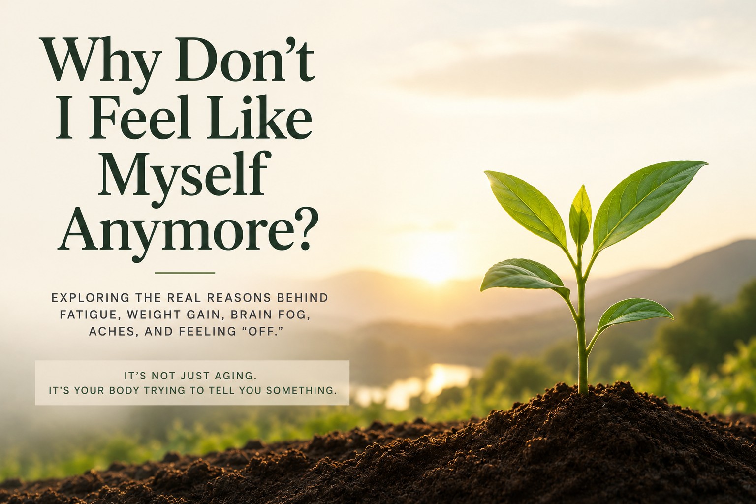 Healthy aging educational graphic featuring a young green plant growing from rich soil at sunrise with the headline "Why Don't I Feel Like Myself Anymore?" illustrating common symptoms such as fatigue, brain fog, weight gain, and aches.