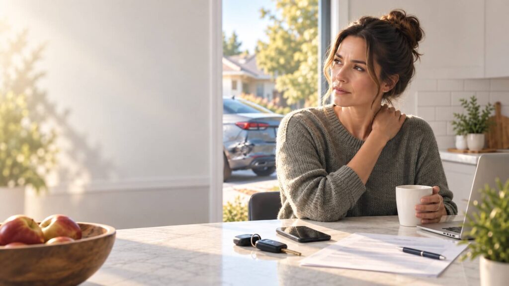 Woman touching her neck at home after a car accident while a damaged car is visible outside